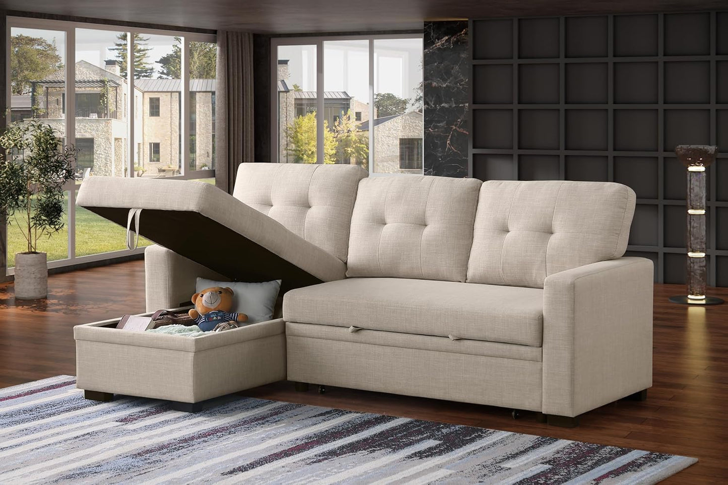 Devion Furniture Philly 4-in-1 Convertible L Shaped Couch with Pull Out Bed and Storage, Sectional Sleeper Sofa with Reversible Chaise for Living Room, Apartment, Bedroom, Office