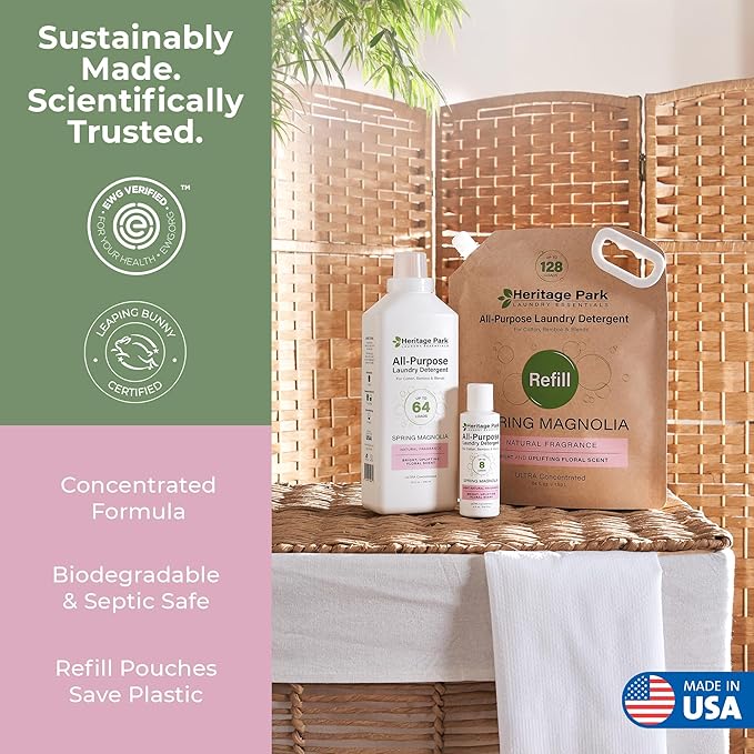 Heritage Park Luxury Laundry Detergent | Dermatologist Tested Plant based Natural & Enzyme Laundry Detergent | Sensitive Skin Friendly - Spring Magnolia (4 fl oz Trial Size)