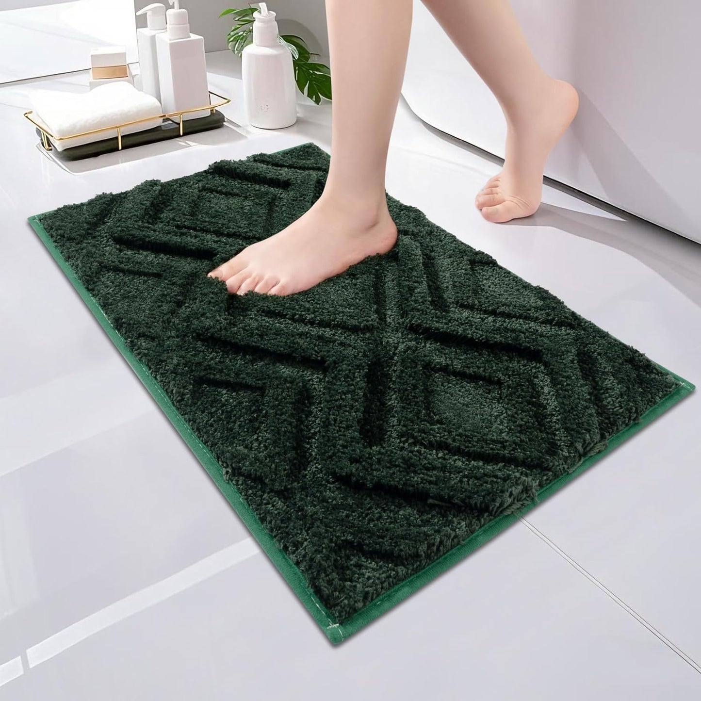 Bath Mat & Bathroom-Rugs 24x16, Ultra Soft Machine Washable Microfiber Bath Mat, Absorbent Quick Dry Non Slip Rug for Bathroom Floor, Tub and Shower, Hunter Green
