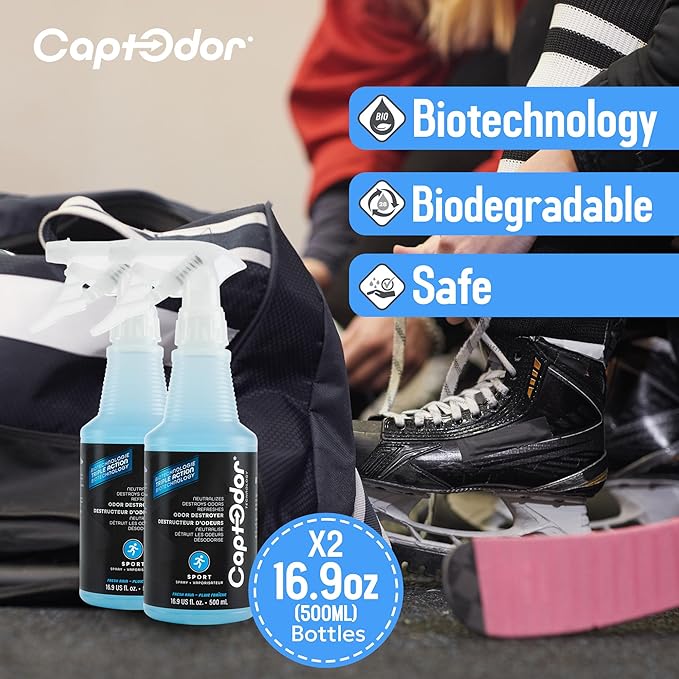 Sports Odor Destroyer Spray (2 x Bottles of 16.9oz / 500 ml), Sports Gear Odor Eliminator & Deodorizer Spray - Neutralizer & Refresher Spray For Protective Equipment, Sportswear & Outdoor Gear