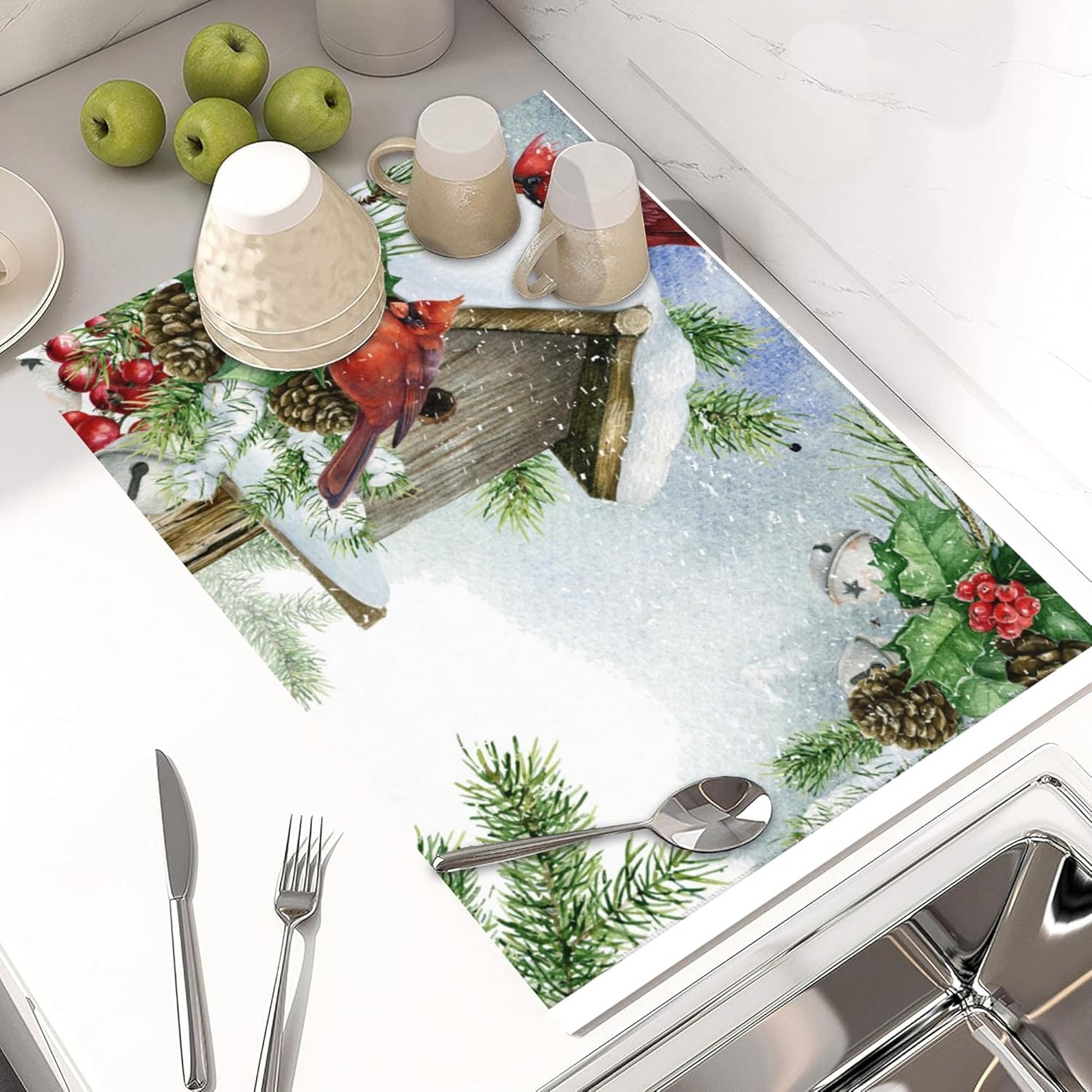 Large Dish Drying Mat for Kitchen Counter,Winter Cardinal Birds Dish Drying Mat,Christmas Red Cardinals in Snow Dish Drainer Mat Drying Pad Super Absorbent Reversible Microfiber 18"X24"