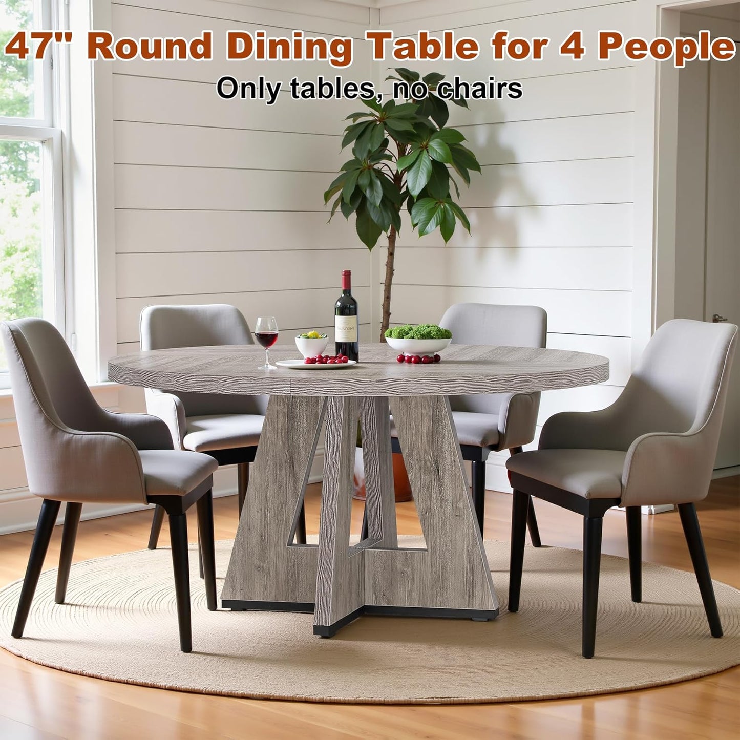 Round Dining Table for 4, 47 Inch Dinner Table Farmhouse Wooden Circle Kitchen Tables with Cross Base for Dining Room, Kitchen, Living Room, Gray