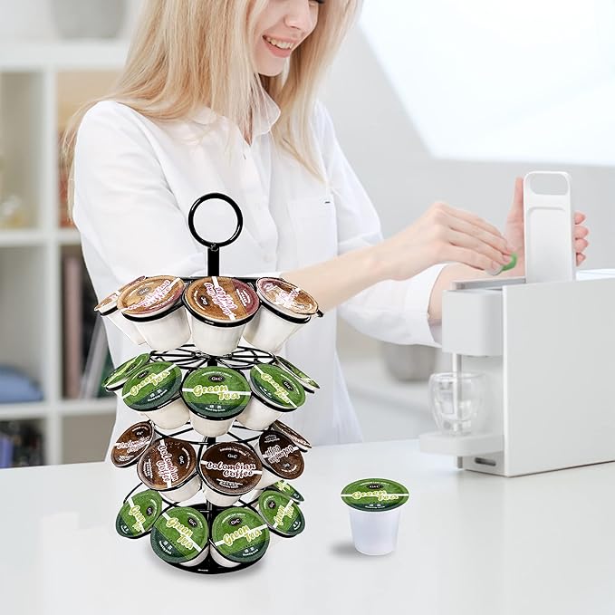 K-Cup Pod Carousel Holder and Organizer for 36 Pods - Spins 360 Degrees, Detachable, Modern Metal Design in Black for Home and Office Counters