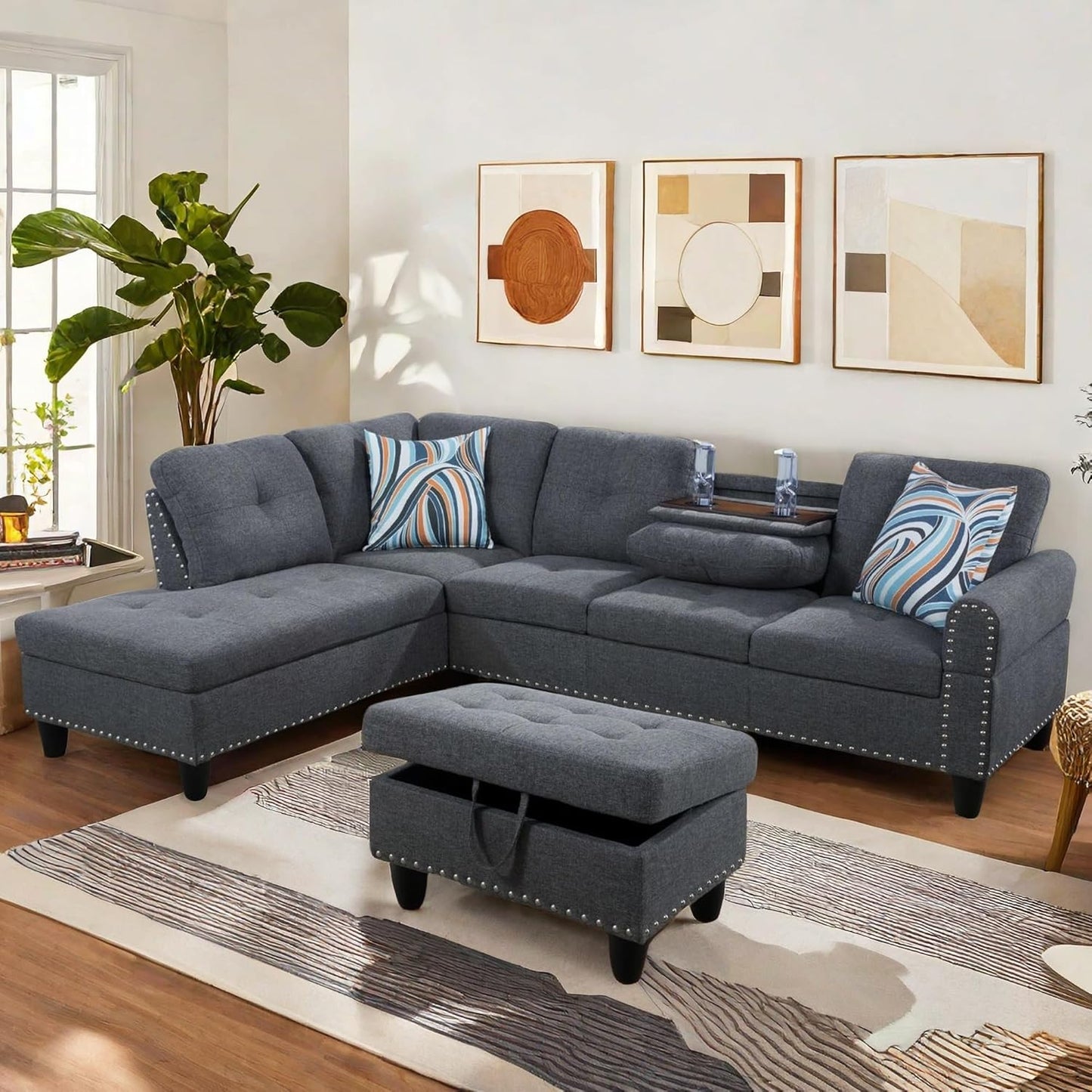 L Shaped Sectional Couch with Otttoman, 97" Leather Sectional Sofa for Living Room Modular Couches with Cup Holders for Bedroom, Apartments, Grey