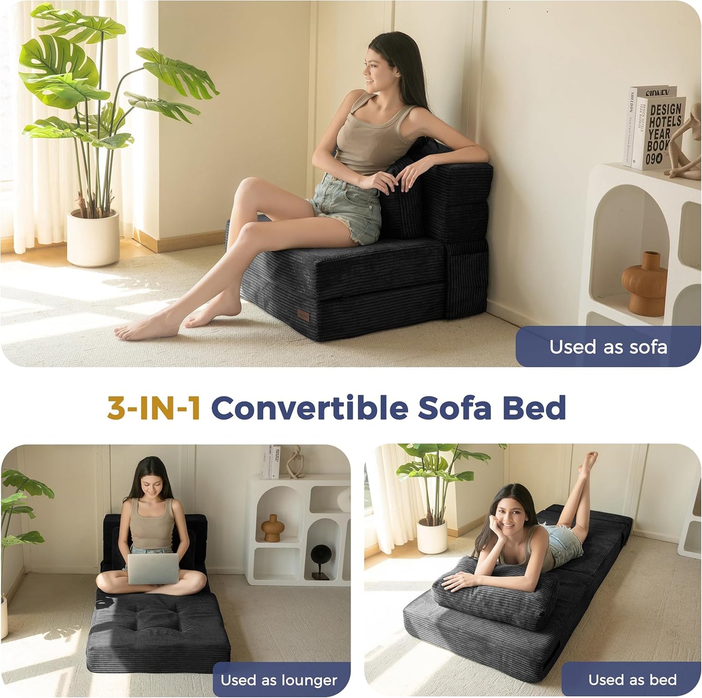 MAXYOYO Convertible Sofa Bed, Fold Out Single Sleeper Sofa with Pillow, 4 in 1 Tufted Folding Couch Bed Foam Floor Couch, Lazy Chair for Living Room Bedroom Guest Room, Black