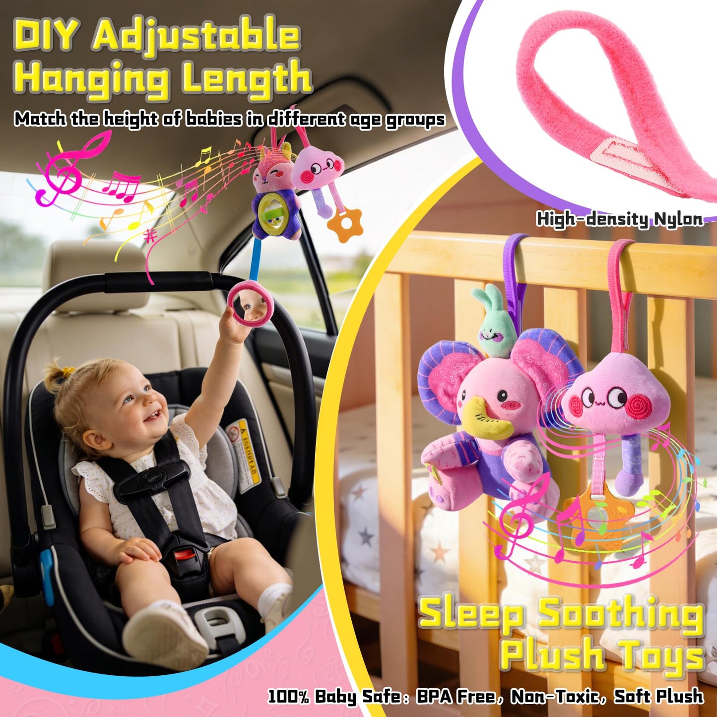 Zendstanding Musical Car Seat Toy for Babies 0-12 Months Girl, 5-in-1 Sensory Activity Hanging Toy Stroller Toy with Soothing Music, Rattle, Mirror for Newborn Infants Essential Gifts, Unicorn