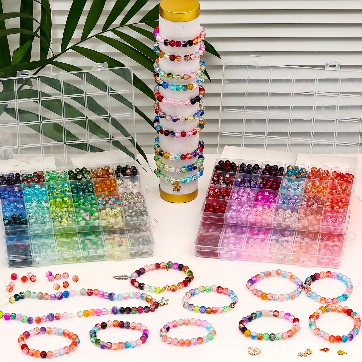 XSEINO 2400 Pieces 8mm Crack Glass Beads for Jewelry Making,48 Dazzling Colors Round Glass Beads for Making and DIY Crafts