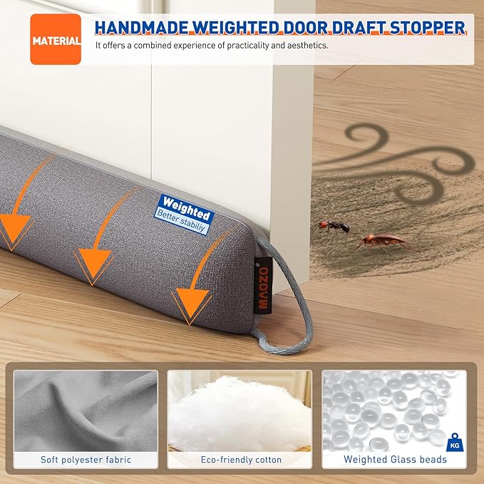 MAGZO Door Draft Stopper, 38 Inch Under Door Draft Blocker Noise Stopper, Weighted Wind Blocker Draft Guard for Bottom of Door, Gray