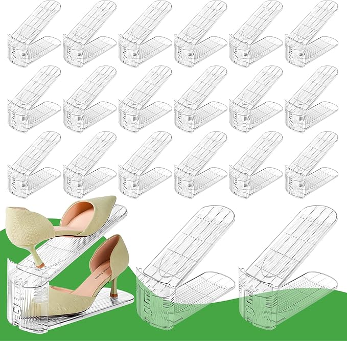 Shoe Slots Organizer, Clear Shoe Stacker for Closet Adjustable Shoe Rack Storage Space Saver,Shoes Display Shelf Shoes Holder for Organization,20 Pack