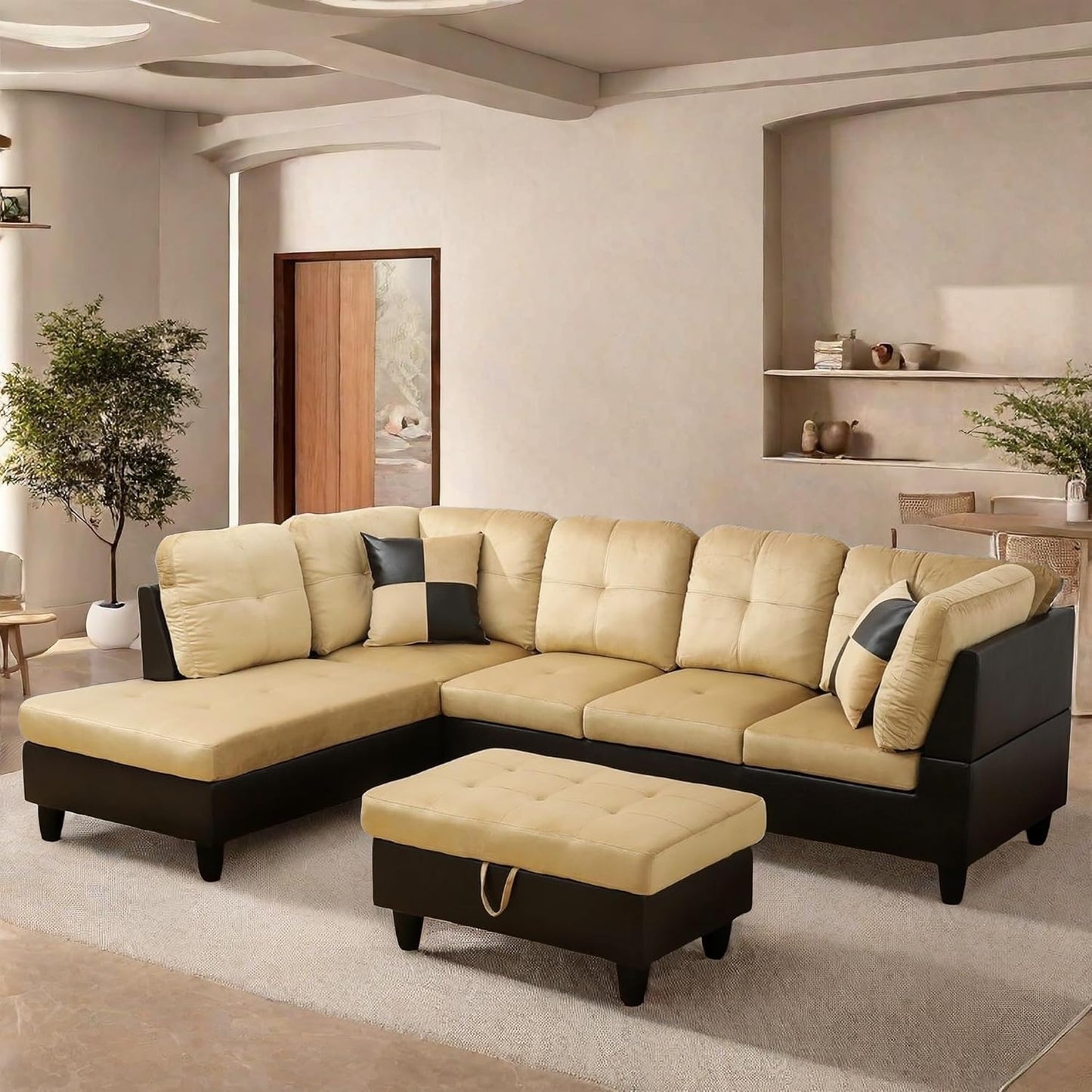 L Shaped Sectional Couch with Otttoman, 103" Sectional Sofa for Living Room Flannel Modular Couches with Cup Holders for Bedroom, Apartments, Beige &Brown