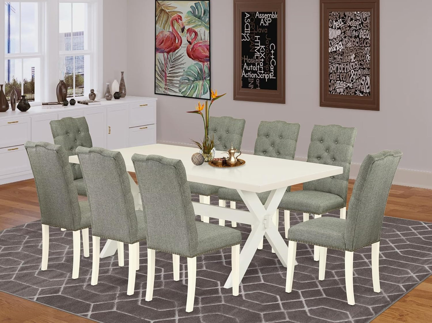 East West Furniture X027EL207-9 9 Piece Kitchen Table & Chairs Set Includes a Rectangle Dining Room Table with X-Legs and 8 Gray Linen Fabric Parson Dining Chairs, 40x72 Inch, Multi-Color