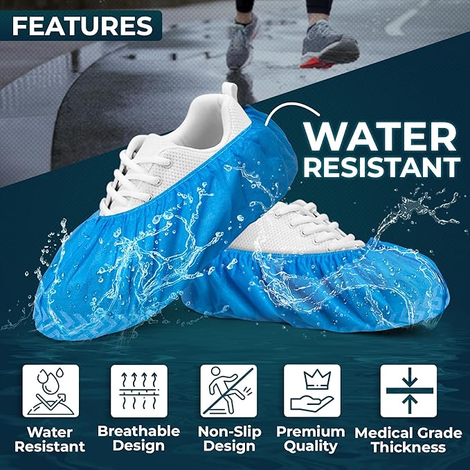 Premium Disposable Boot & Shoe Covers Booties | 100 Pack | Durable, Non-Slip, Non-Toxic, Water Resistant, Recyclable Protectors for Indoor & Outdoor | Large Size Fits Most Shoes