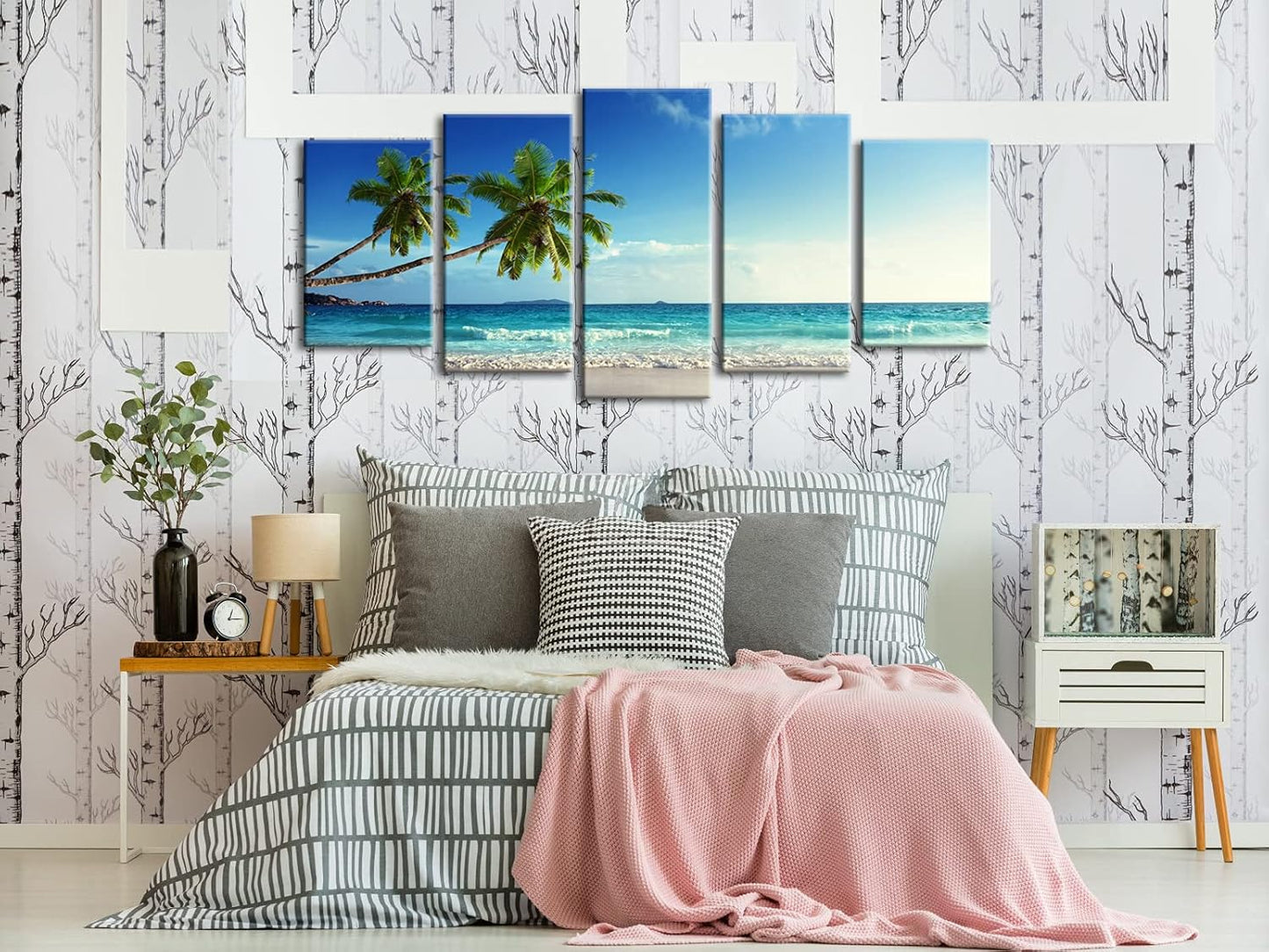 Wieco Art 5 Panels Ocean Sea Beach Canvas Wall Art for Home Decor Blue Sea Artwork Picture Print on Canvas Seascape Wall Decor for Living Room Home Hotel Decorations