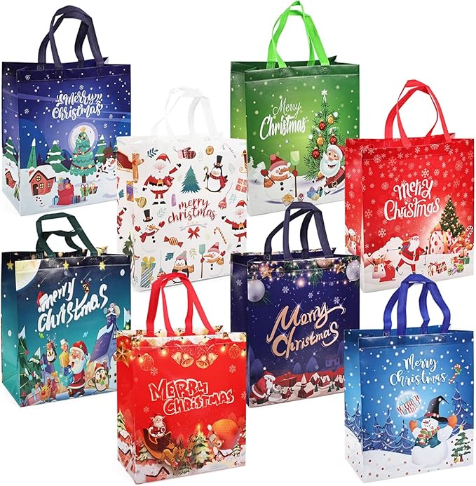 8PCS Christmas Gift Bags, Non-Woven Treat Tote Large Christmas Bags with Handles for Gifts Wrapping Shopping, Xmas Party Supplies, 15"×13.8"×5.9"