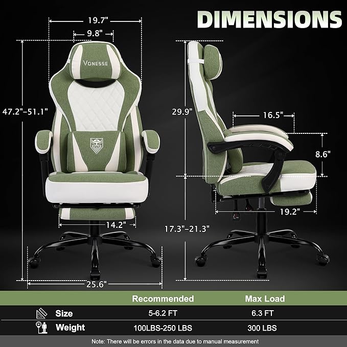 Vonesse Gaming Chair, Reclining Fabric Gaming Chairs for Adults 250LBS, Office Chair with Pocket Spring Cushion, Computer Chair with Footrest and Massage Lumbar Support (Green)