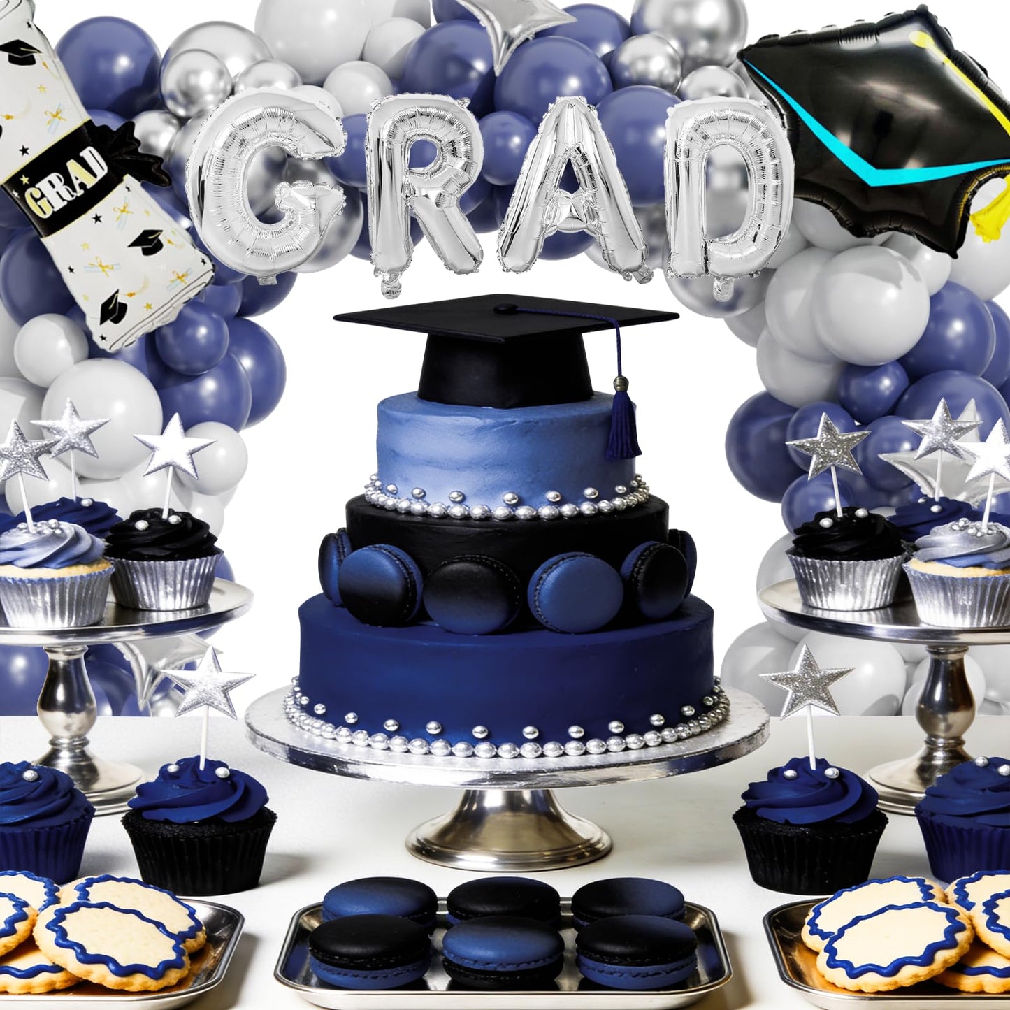 Graduation Balloon Arch Kit 2026, 194pcs Class of 2026 Graduation Decorations, All-in-One Balloon Garland Kit for Graduation Party Backdrop & Photo Booth,Navy Blue Silver Balloons with GRAD Letters