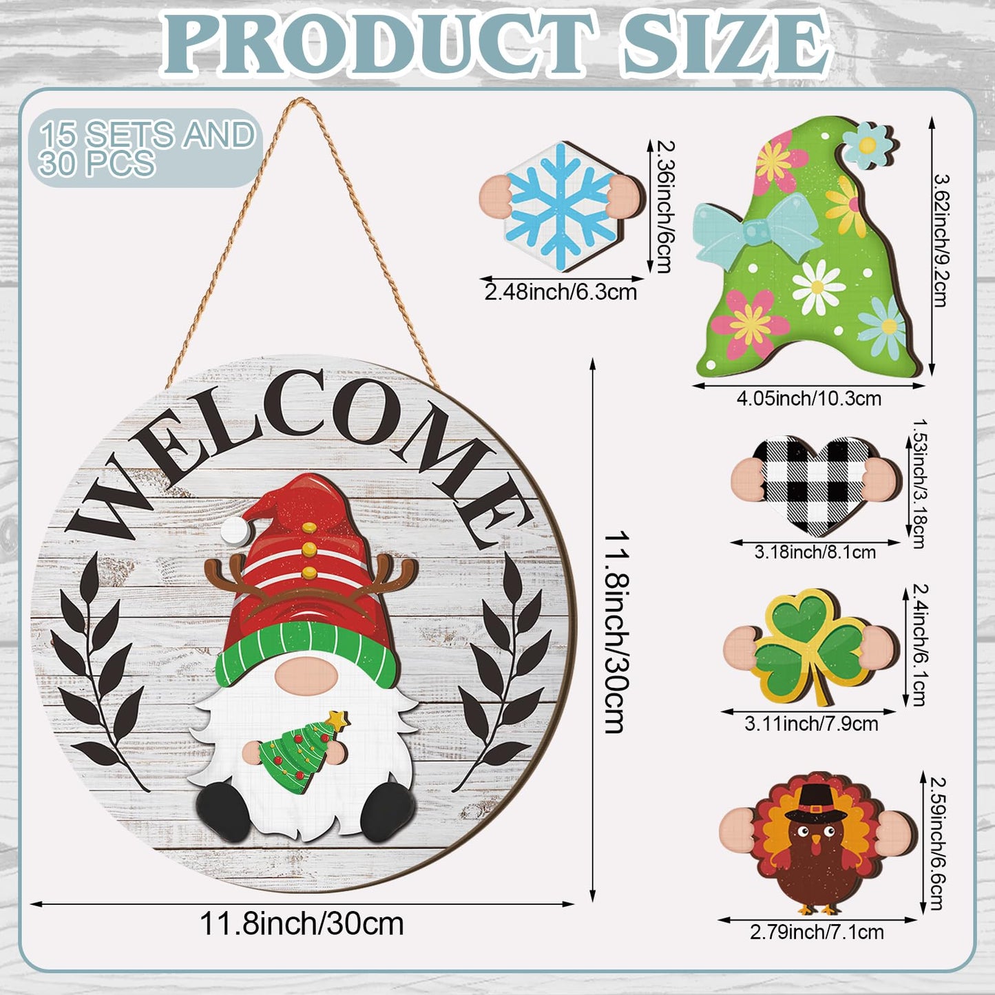 Qunclay 31 Pcs Fascinating Interchangeable Wooden Gnome Door Hanger Holiday Seasonal Gnome Decorations with Magnet Pieces and Detachable Hats Changeable Welcome Sign for Home (Gray)