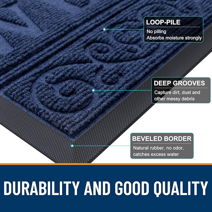 OLANLY Welcome Door Mat Indoor Outdoor Entrance, Heavy Duty Sturdy Front Door Mat, Waterproof All-Weather Doormat, Stain Resistant, Low Profile, Easy Clean Patio Entryway Mat, 29.5 x 17, Navy Blue