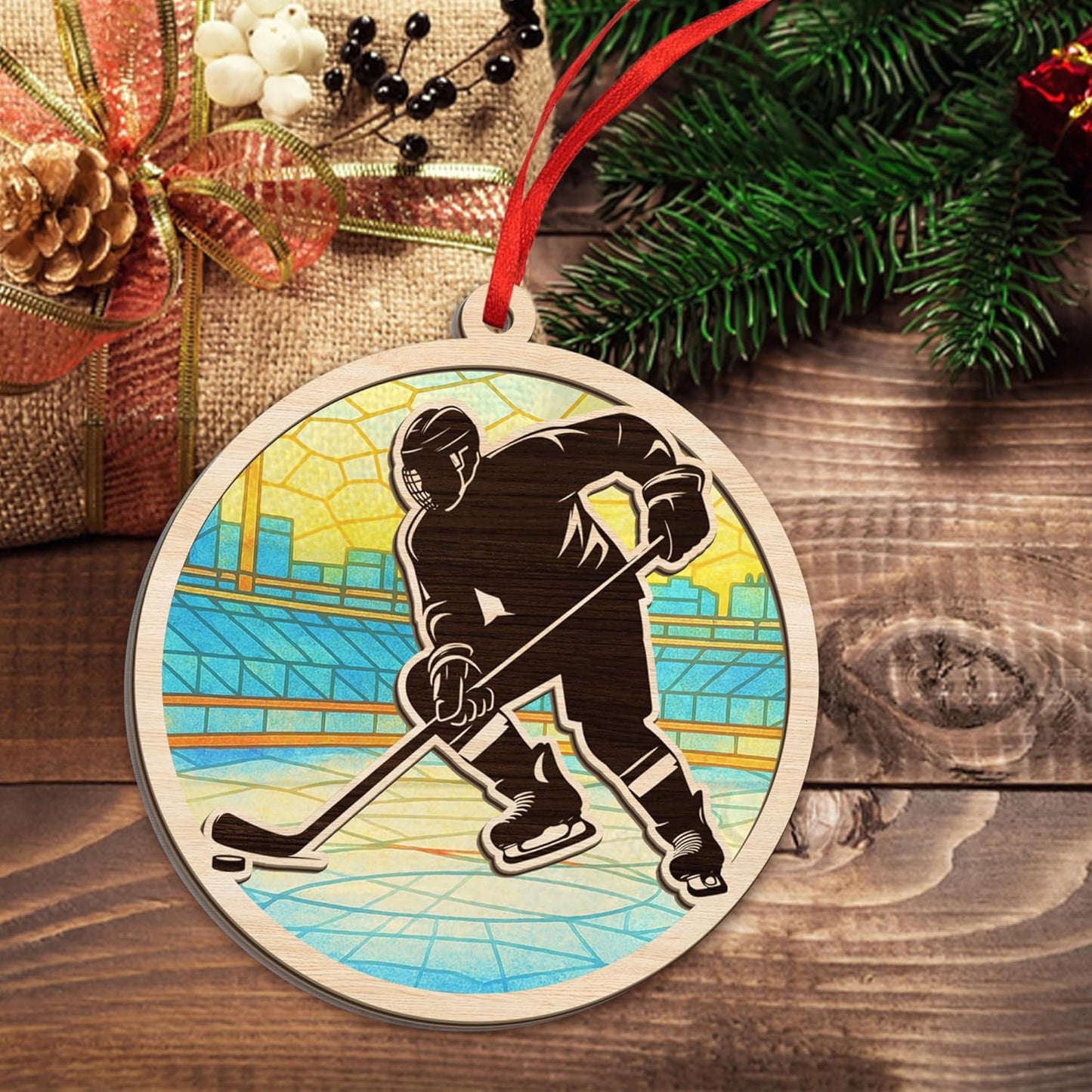FLAGWIX Hockey Christmas Ornaments - Suncatcher Christmas Ornaments 2025 for Tree Decorations - Ice Hockey Gifts for Boys 8-12, Sports Gifts for Boys 8-12 Mom Dad Friends Coach