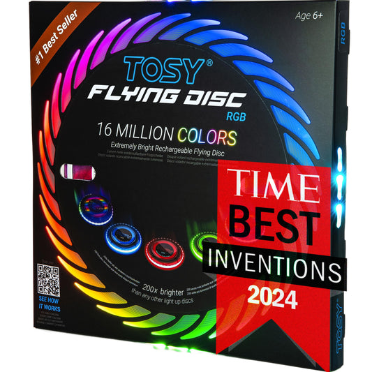 TOSY Flying Disc - 108 RGB Multicolor LEDs, Super Bright, Smart Modes, Cool Valentine Easter Gift, Camping Toy for Kid/Teen/Adult, Auto Light Up, Rechargeable, Waterproof, 175g