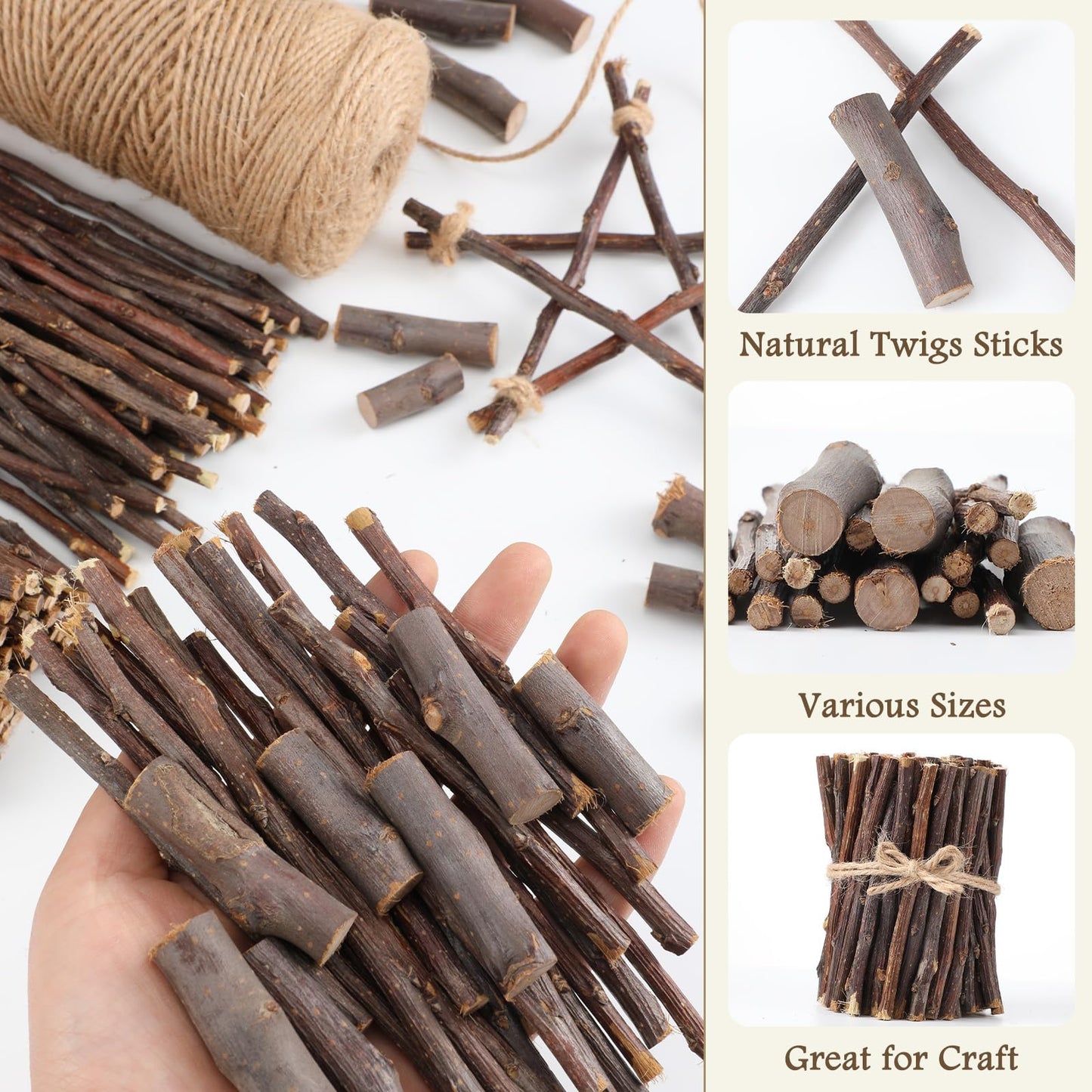 Suncalla 251 Pack Wooden Log Sticks for Crafts Kit 6 Inch and 4 Inch Natural Twigs Stick 0.8cm in Diameter Wood Log 164 Feet Jute Twine for DIY Rustic Home Decor School Projects Crafting Filler