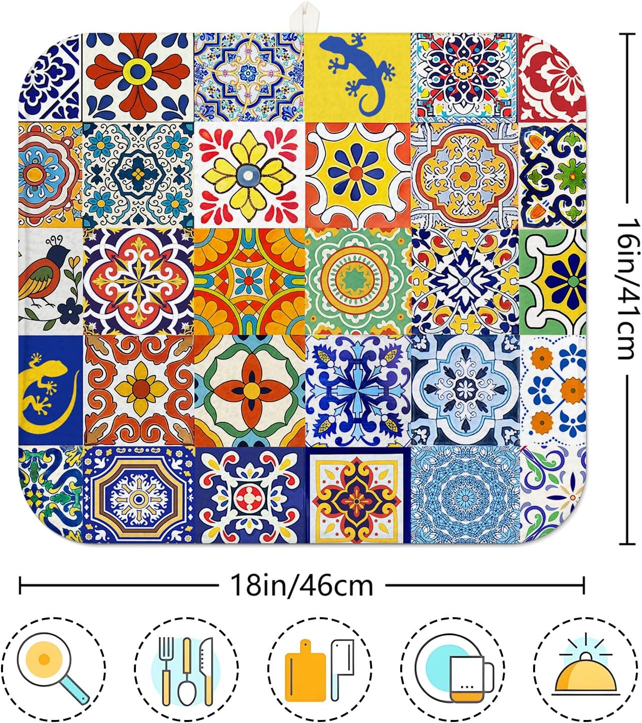 Mexican Tiles Drying Mat 16" X 18" Vintage floral Kitchen Counter Stone Dish Drying Mats For Kitchen Counter Xmas Drying Mats For Home Counter Drying Mats For Dishes Dish Table Mat Drying Mat