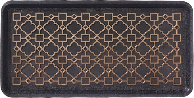 HF by LT Mosaic Tile Rubber Boot Tray, 32 x 16 inches, One-Piece Seamless Construction, Durable Vulcanized Rubber, Year Round Use Indoors/Outdoors, Black with Brushed Brass