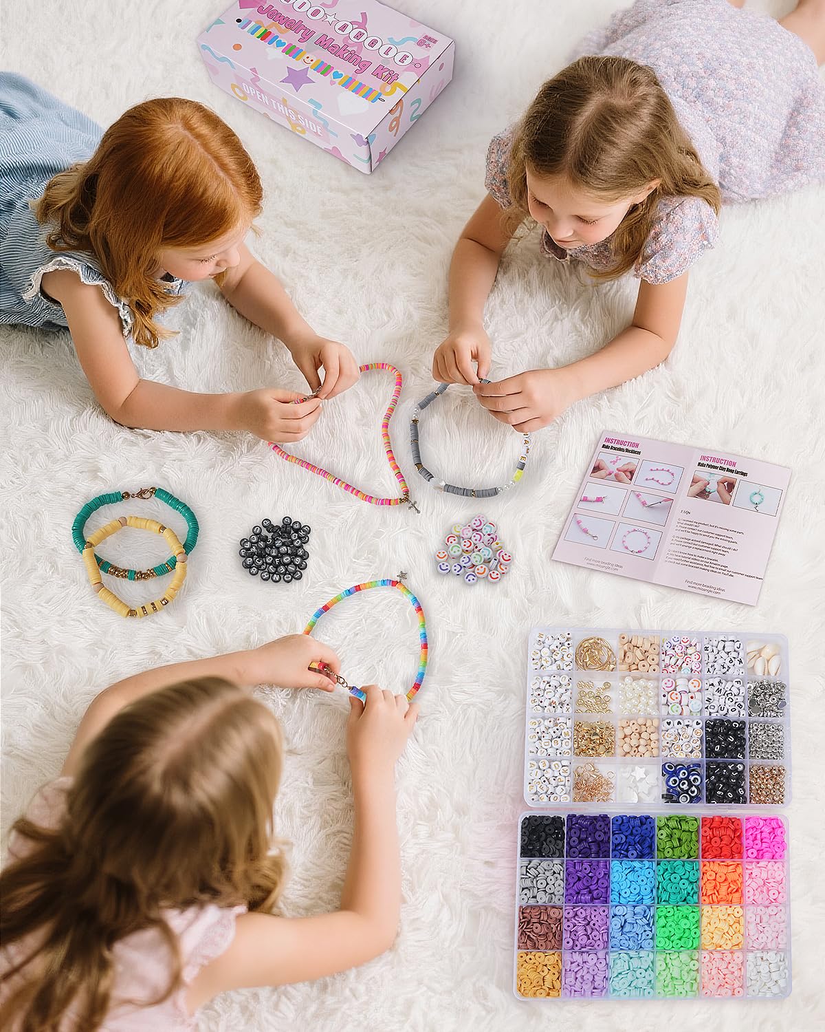 Mio Angle Clay Beads 2 Boxes 24 Colors Bracelet Making Kit, Round Letter Beads with Charm and Elastic Strings, Friendship Bracelets Holiday Gifts for Girls Adults