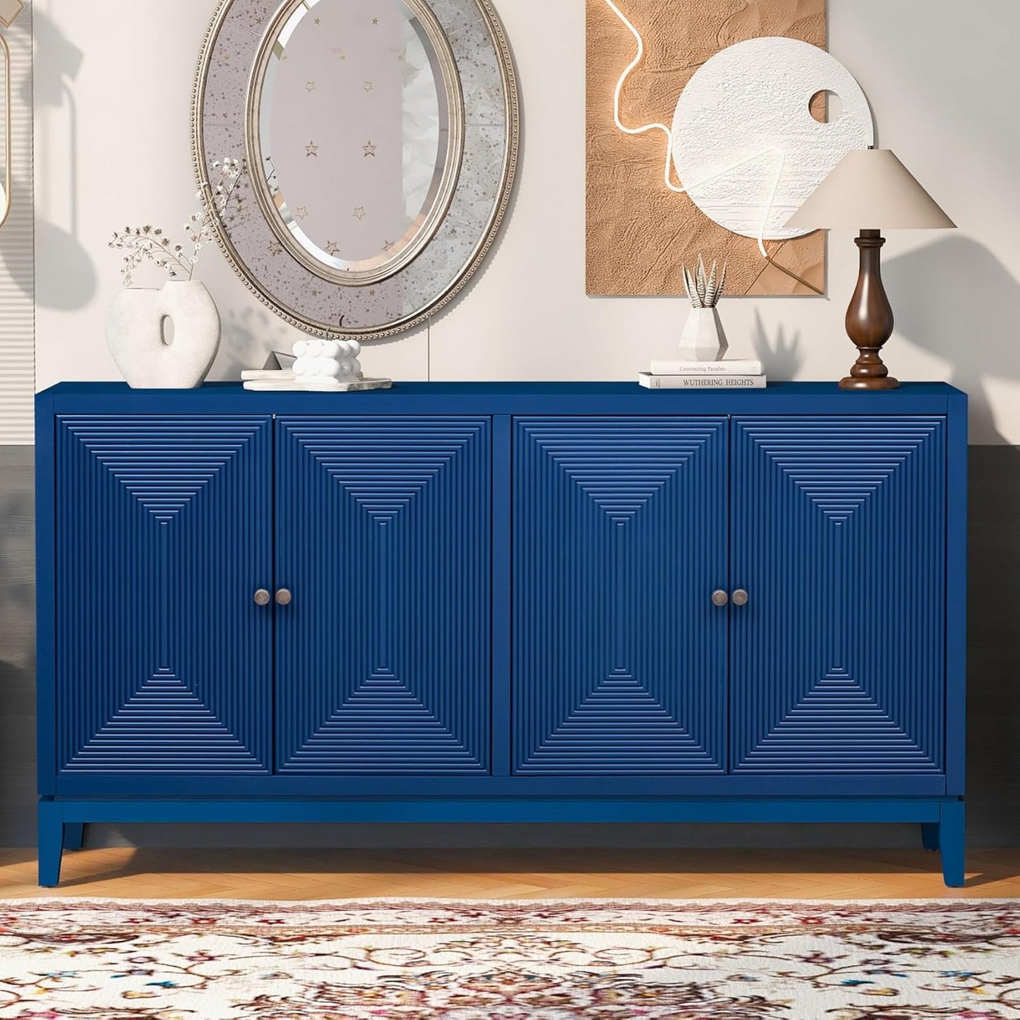 Merax 60" Sideboard Buffet Storage Cabinet with 4 Doors and Adjustable Shelves, Modern Wooden Accent Fluted Credenza Console Table for Kitchen, Dining, Living Room, Coffee Bar, Entryway, Navy Blue