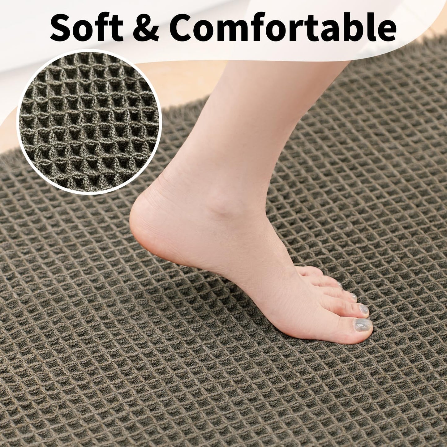 Waffle Bath Mat - Boho Bathroom Rugs Non Slip Washable, Super Absorbent & Quick Dry, Soft Bath Mat Farmhouse Bathroom Decor, 24'' x 48'', Olive Green
