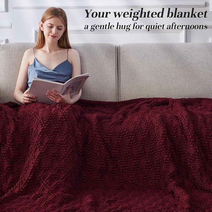 Knitted Weighted Blanket for Adult, Chunky Knit Weighted Throw for Sleep 50"*60" 10lbs, Cooling Breathable Heavy Blanket for Hot Sleepers, Machine Washable Blanket for Room Decor(Red)