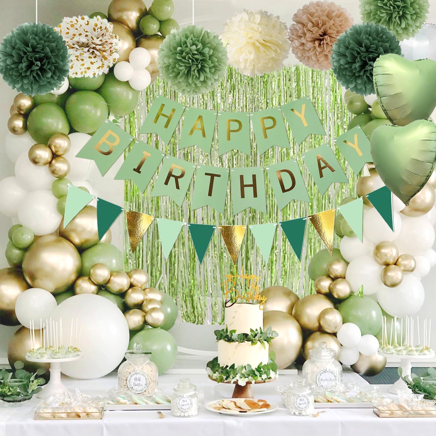 Sage Green Birthday Decorations, Birthday Party Décor, Gold Green Balloons Olive Happy Birthday Banner Fringe Curtain Background, Neutral Decorations for Women Men