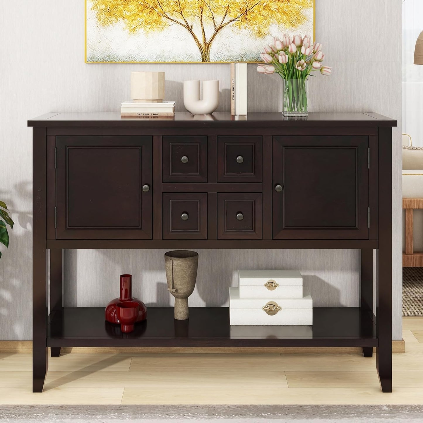 Merax Wood Farmhouse Buffet Table with Storage Shelf, 2 Drawers and Cabinets Buffet Coffee Bar Cabinet for Living Room Dinning Room Kitchen, Espresso