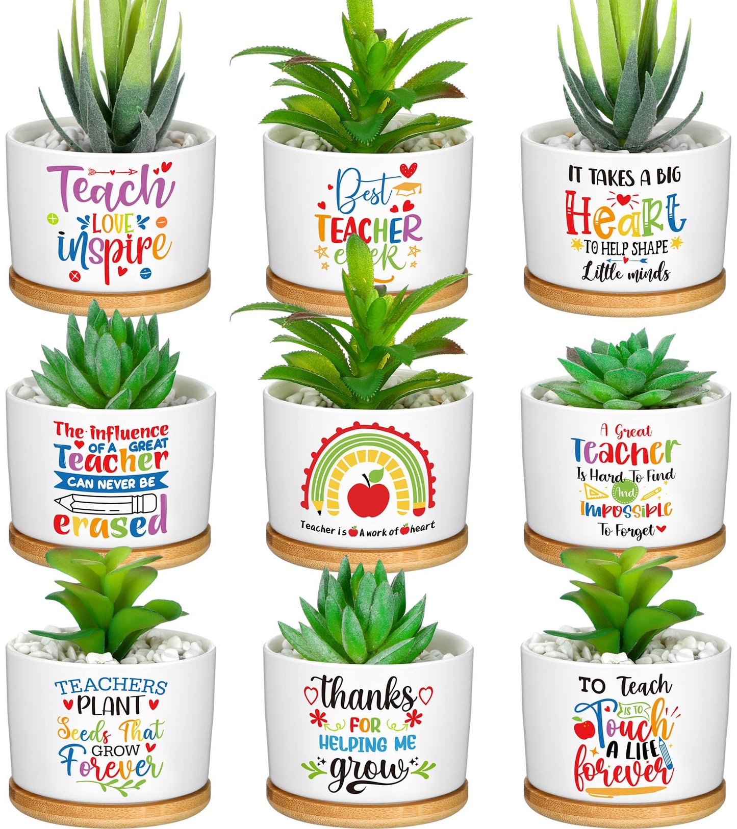 Domensi 9 Pcs Teacher Appreciation Gifts Bulk Ceramic Succulent Plant Pot with Bamboo Tray Ceramic Planter Accessories for Funny Cute Teacher Birthday Retirement Gifts