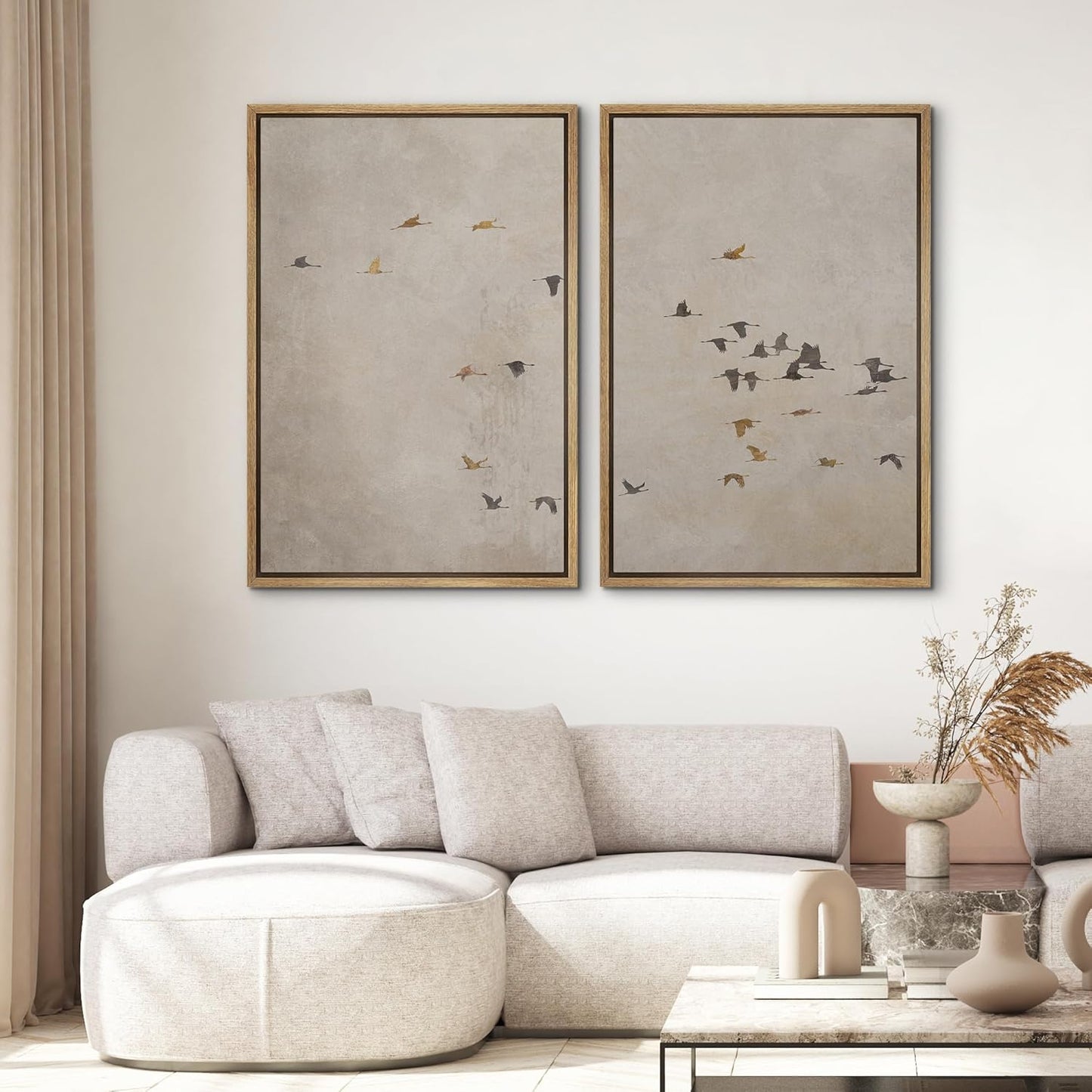 SIGNWIN Framed Canvas Print Wall Art Set Flying Birds Silhouette Minimalist Beige Illustrations Modern Minimal Decorative for Living Room, Bedroom, Office - 24"x36"x2 Natural