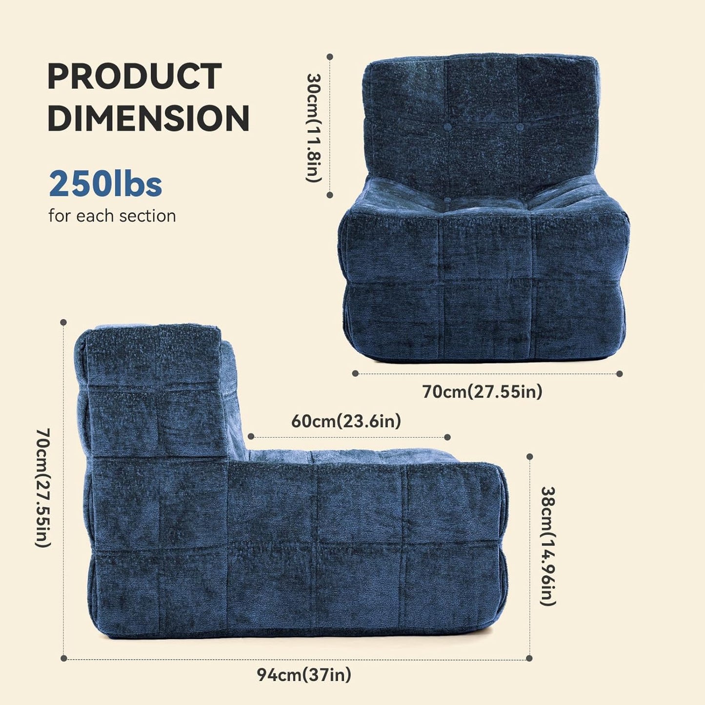 Bean Bag Chair, Soft Chenille Pre-Filled Lazy Chair Floor Sofa Bean Bag Chair for Adults and Teens, Accent Chair for Living Room Bedroom Apartment (Dark Blue)