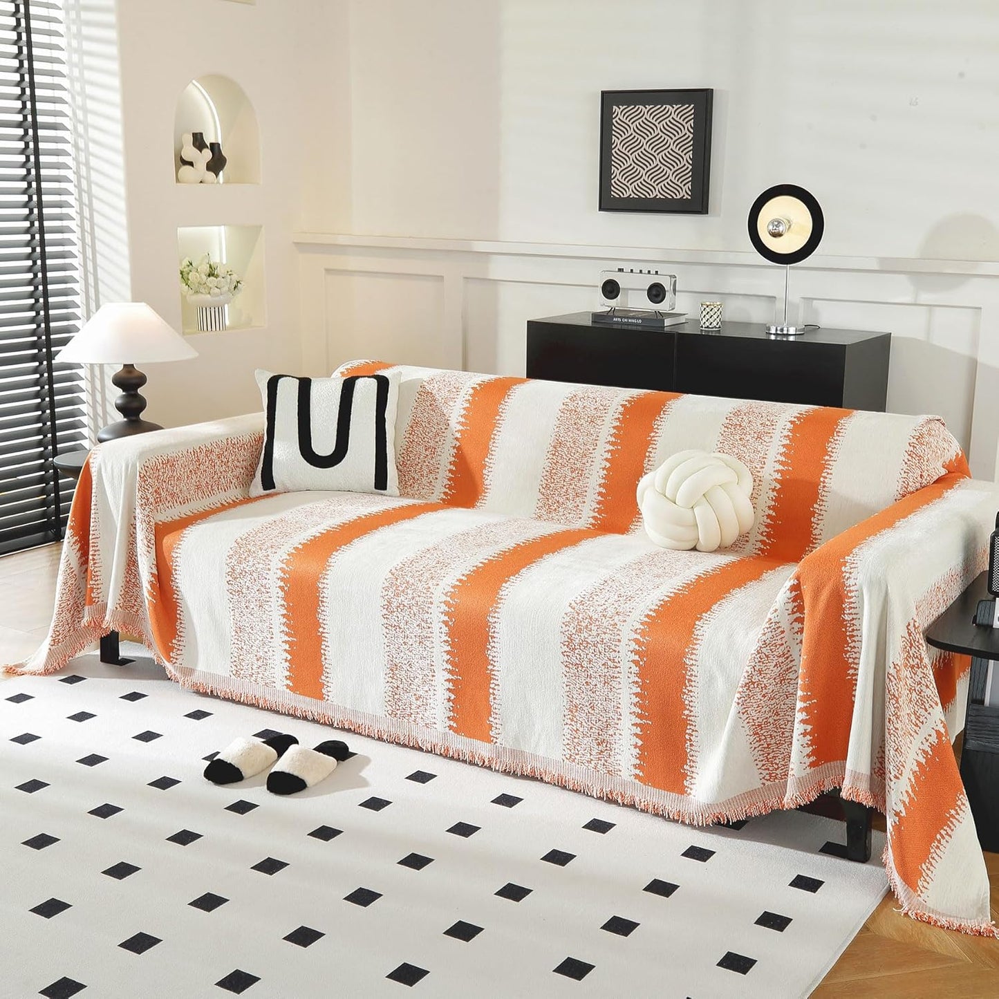 LUFEIJIASHI Boho Couch Covers for Sofa Non Slip Sofa Covers Washable Couch Covers for 3 Cushion Couch Sofa Pet Friendly Sectional Couch Cover Blanket Furniture Protector for Dogs (Orange, 91"x118")