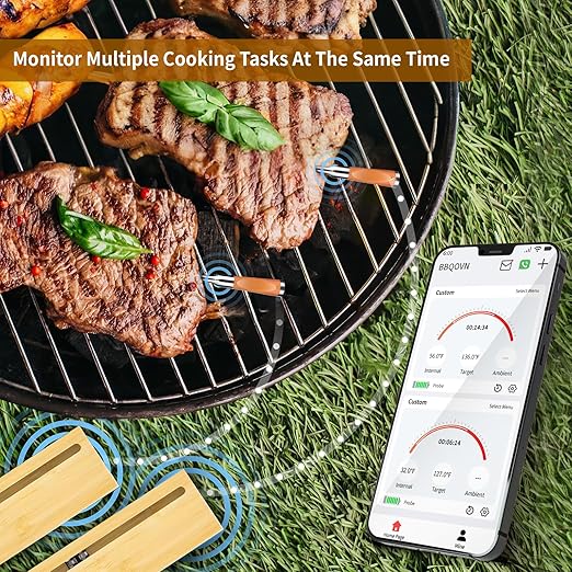 Bluetooth Wireless Meat Thermometer Ultra-Thin Probe NIST Accuracy Certification 800FT Range Monitor Temperature for BBQ,Grill,Kitchen,Sous Vide,Oven,Smoker (2, Grey, Small)