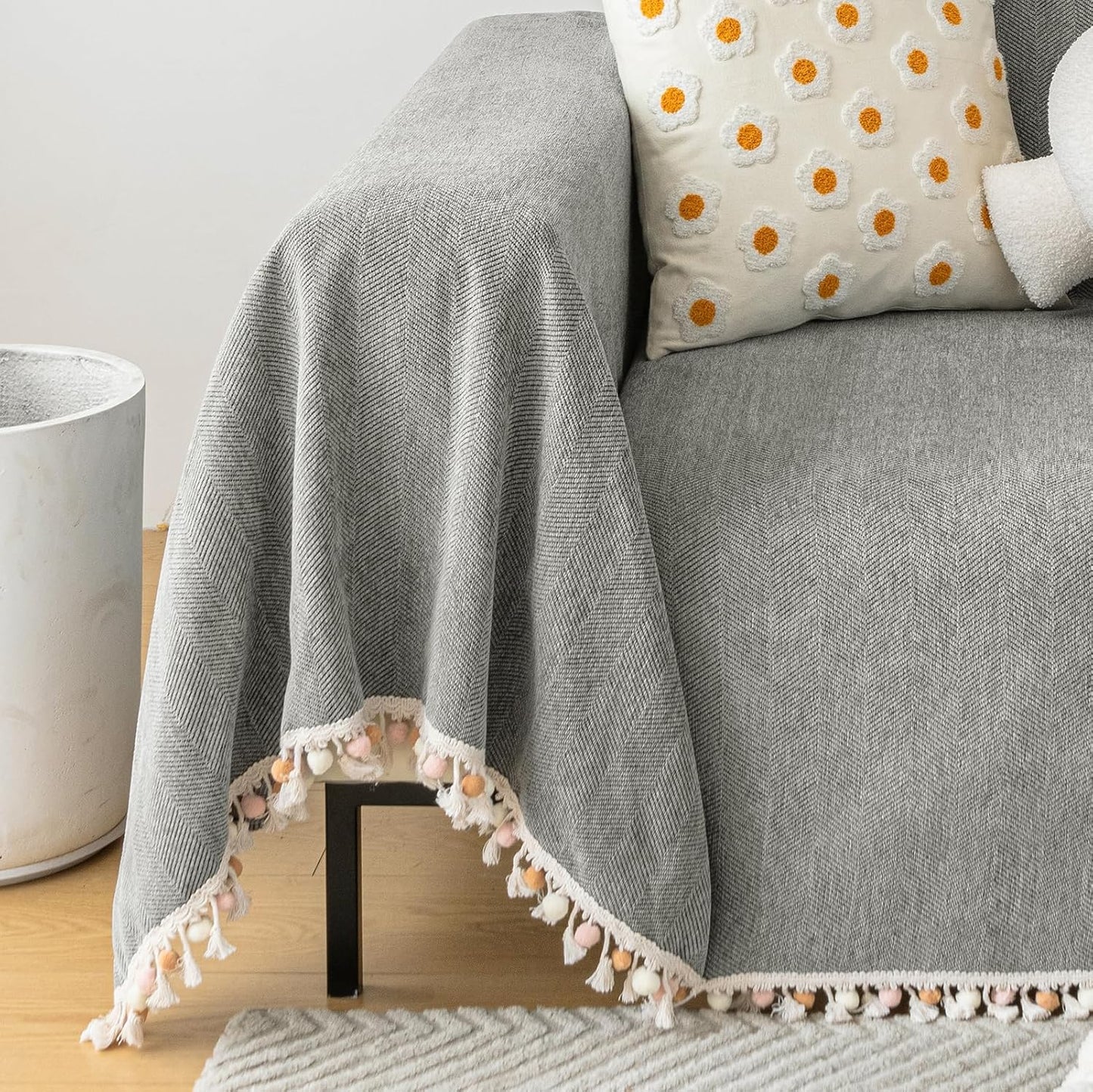 HANDONTIME Dark Grey Slipcover for Sofas - Boho Pet Couch Protector With Tassel - Chenille Herringbone Cover for 2-3 Seat Sofa - 91" X 134"