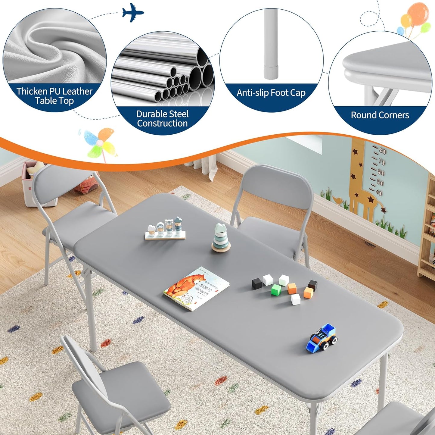 GarveeHome 5-Piece Kids Folding Table and Chairs Set, Toddlers Children's Activity Table and Chairs Set for Dining Room,Daycare,Classrooms