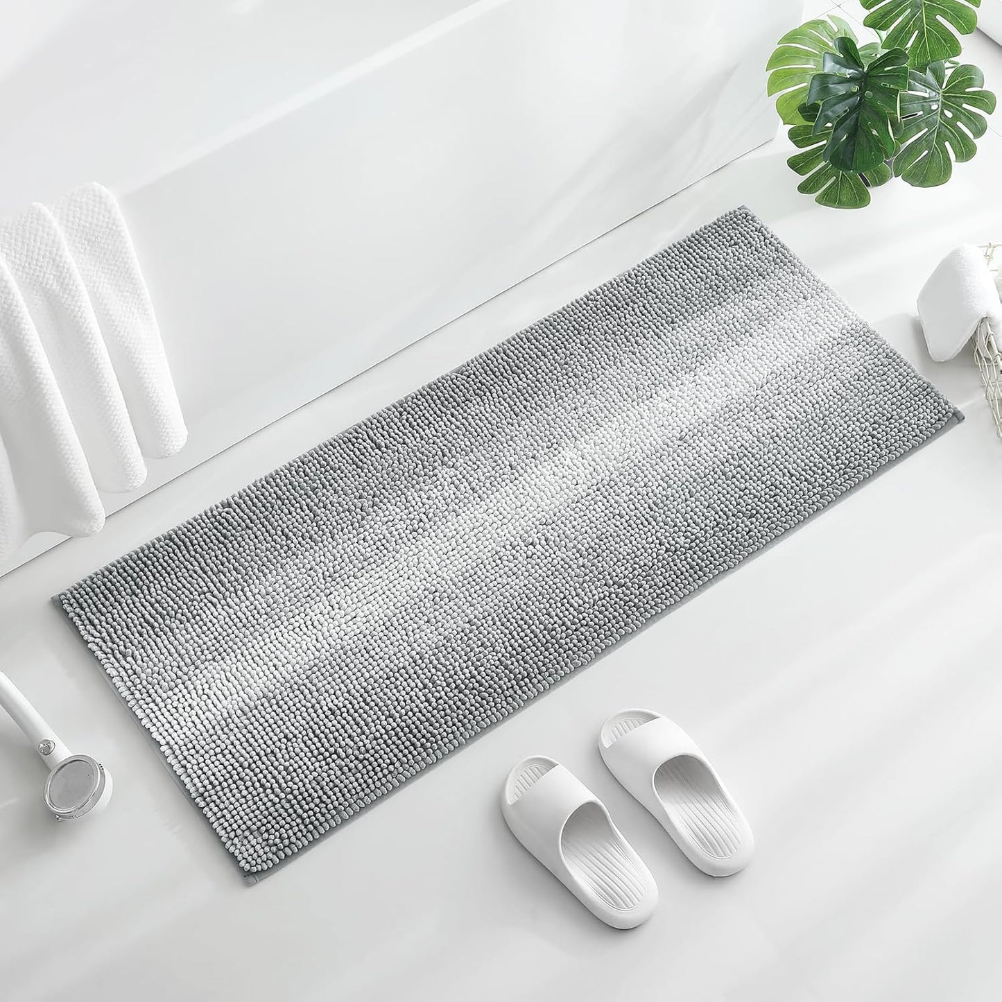 Gibelle Long Bathroom Rugs, Luxury Chenille Bath Mat, Small Non Slip Shower Rug and Bath Room Floor Mats, Machine Washable, Quick Dry Bathmat, Soft Cozy Plush Rug for Tub, 20" x 47", Grey