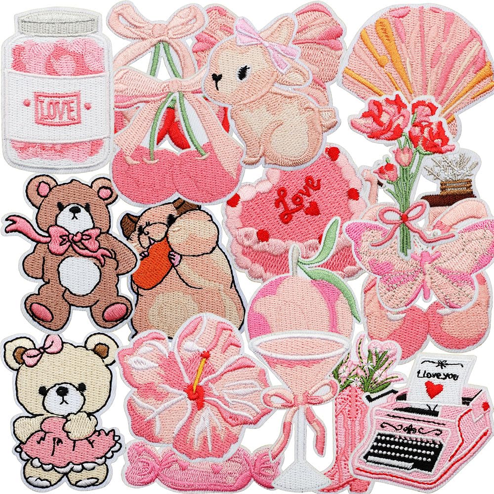 20 PCS Girls Pink Sweet Taste Iron on Patches Funny Embroidered Applique Sew on Patches for Backpacks Pants Clothes Vests Coat Uniforms Dress Hat DIY Decoration Bags Jackets Jeans