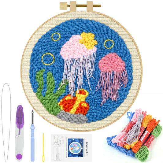 ERKOON Punch Needle Kit Adults Beginners, DIY Easy Ocean Embroidery Set for Starter Art Craft, Needling Punch Project with Patterns, Tools, Yarns, Hoop, Instruction (Jellyfish)