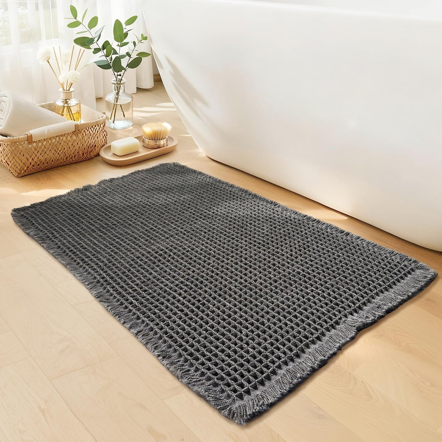 Waffle Bath Mat - Boho Bathroom Rugs Non Slip Washable, Super Absorbent & Quick Dry, Soft Bath Mat Farmhouse Bathroom Decor, 24'' x 36'', Dark Grey