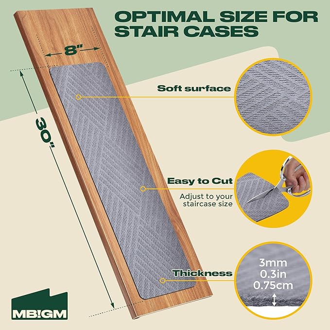 MBIGM 8 X 30inches, 15 in Pack, Non-Slip Carpet Stair Treads Non-Skid Safety Rug Slip Resistant Indoor Runner for Kids Elders and Pets with Reusable Adhesive, Light Gray Weave