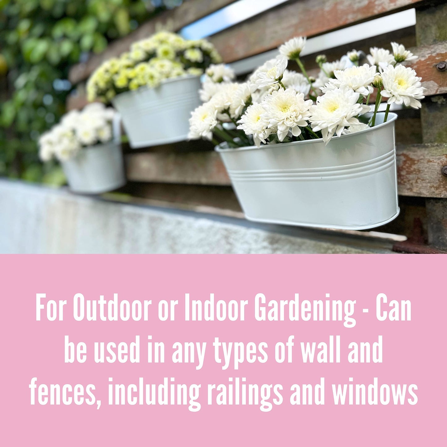 LaLaGreen Rail Planters for Outdoor (2 Pack, 11.2 Inch) White Metal Iron Hanging Flower Pots, Strawberry Planter Deck Railing Fence Bucket Wall Mount Window Box Plant Holder with Hooks Porch Decor