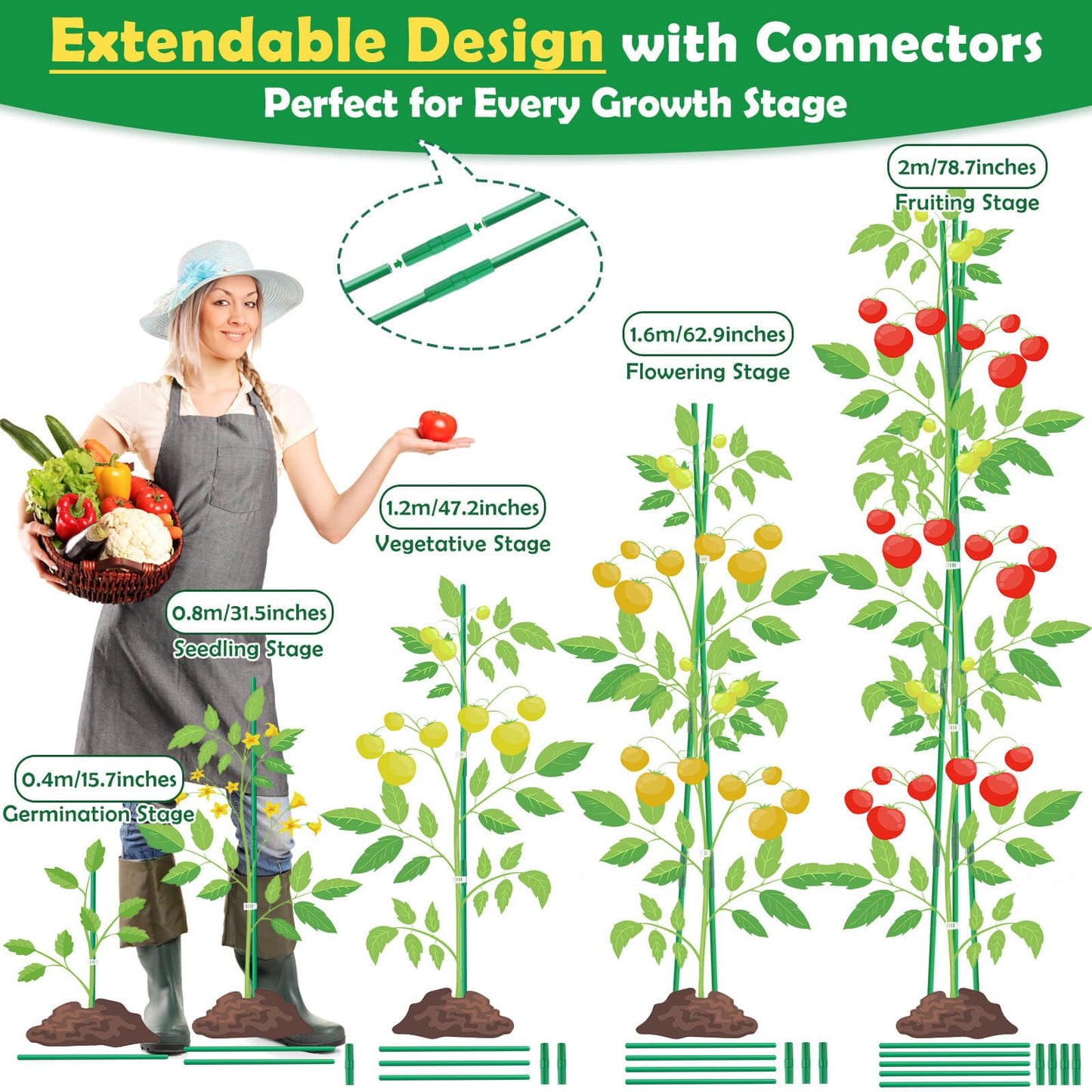 Tetutor 287 PCS Garden Stakes, Fiberglass Tomato Stakes, Garden Sticks with Accessories, 90 Sets DIY 4ft, 5ft, 6ft, 7ft Plant Stakes, Plant Sticks Supports for Indoor Outdoor Plants, Vegetables