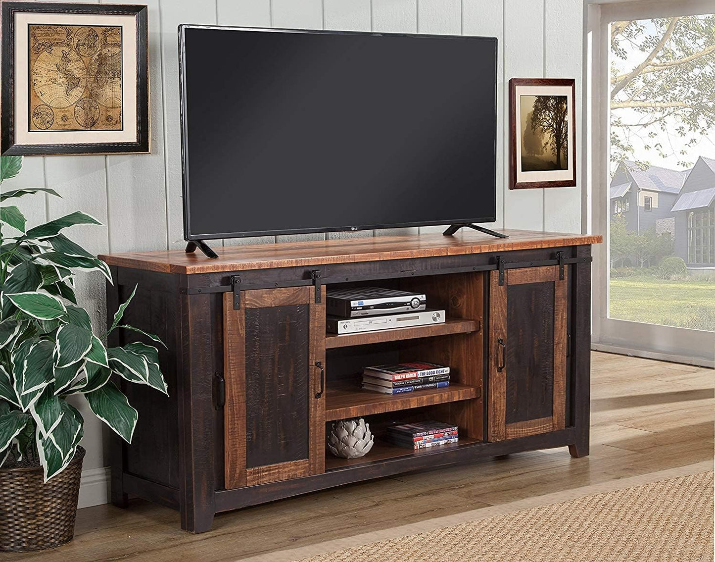 Martin Svensson Home Santa Fe Solid Wood TV Stand, 65", Antique Black and Aged Distressed Pine
