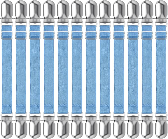 Boao 12 Pcs Bed Sheet Clips Straps Sheet Corner Straps Holder Adjustable Mattress Clips, Elastic Bed Grippers Suspender Fasteners Holder for Home (Sky Blue,8-12 Inch Length)