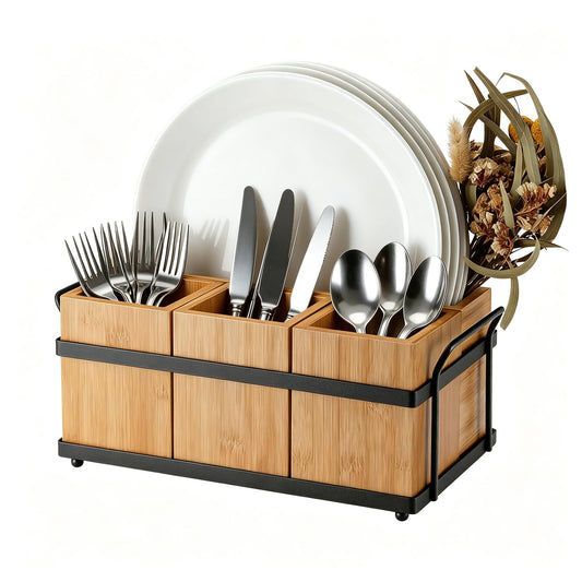Silverware Caddy Wood Utensil Holder 4-in-1 Bamboo Utensil Caddy with Removable Divider Portable Kitchen & Dining Organizer for Forks, Napkins, Plates, BBQ, Picnic, Camping Countertop Organizing